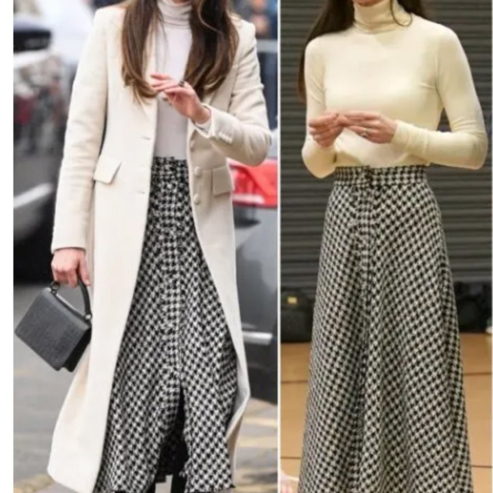 Zara NWT Houndstooth Tweed Midi Skirt ASO Kate Middleton Olivia Palermo